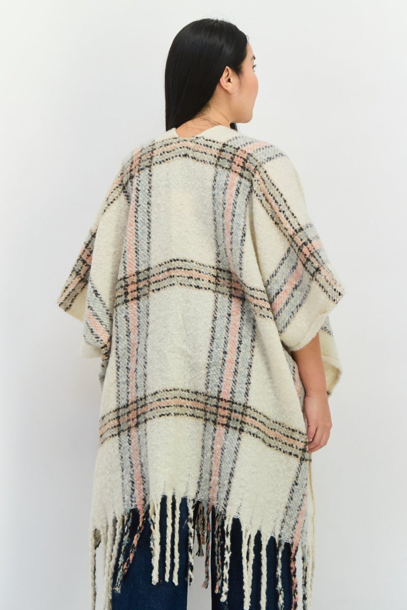 Max Studio Women Plaid Kimono Poncho, Cream  - Image 4