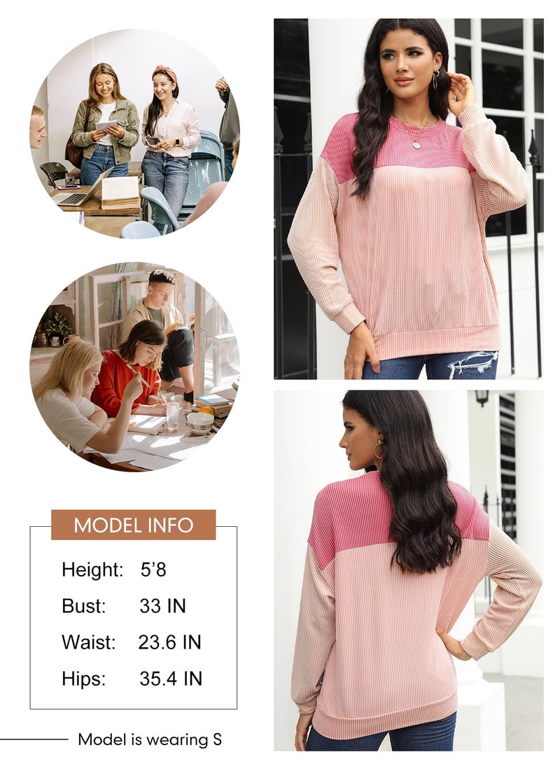 Dokotoo Womens Clothing Fashion 2026 Casual Long Sleeve Shirts for Women Crewneck Color Block Ladies Shirt Lightweight Knit Pullover Blouses Tunic Tops Sweaters Women Trendy Clothes Pink Large - Image 5