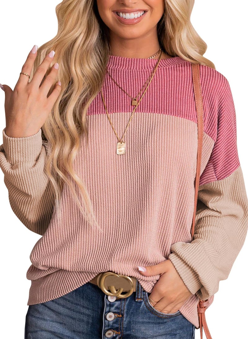 Dokotoo Womens Clothing Fashion 2026 Casual Long Sleeve Shirts for Women Crewneck Color Block Ladies Shirt Lightweight Knit Pullover Blouses Tunic Tops Sweaters Women Trendy Clothes Pink Large - Image 1