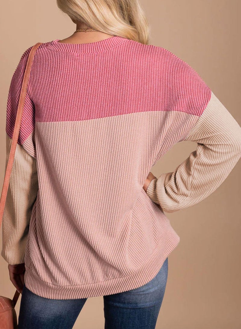 Dokotoo Womens Clothing Fashion 2026 Casual Long Sleeve Shirts for Women Crewneck Color Block Ladies Shirt Lightweight Knit Pullover Blouses Tunic Tops Sweaters Women Trendy Clothes Pink Large - Image 2