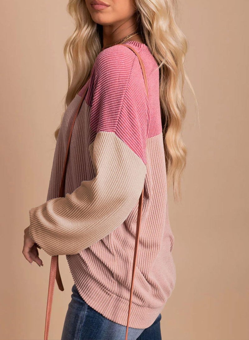 Dokotoo Womens Clothing Fashion 2026 Casual Long Sleeve Shirts for Women Crewneck Color Block Ladies Shirt Lightweight Knit Pullover Blouses Tunic Tops Sweaters Women Trendy Clothes Pink Large - Image 3