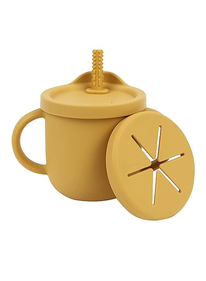 Baby Straw Cup Two-In-One Anti-Bruxism Anti-Fall Anti-Spill Double Ears Food Grade Children's Snack Silicone Cup Food Grade BPA Free Infant Training Cup (Yellow) - Image 1