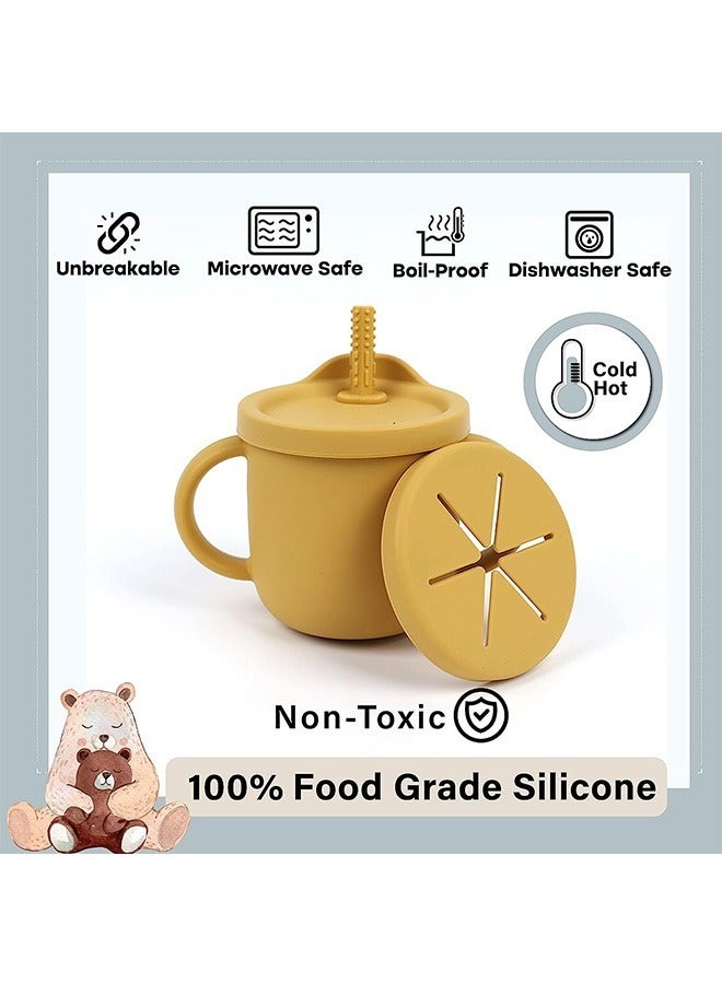 Baby Straw Cup Two-In-One Anti-Bruxism Anti-Fall Anti-Spill Double Ears Food Grade Children's Snack Silicone Cup Food Grade BPA Free Infant Training Cup (Yellow) - Image 4