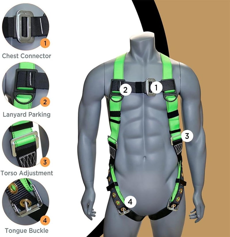 afp Universal Full-Body Safety Harness w/Dorsal D-Ring Tongue Buckle Legs High-Viz Green, Shock Absorbing Lanyard (OSHA/ANSI) - Image 5