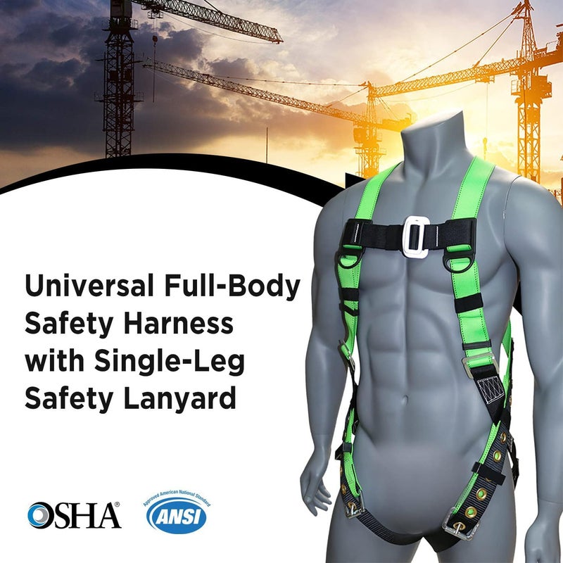 afp Universal Full-Body Safety Harness w/Dorsal D-Ring Tongue Buckle Legs High-Viz Green, Shock Absorbing Lanyard (OSHA/ANSI) - Image 2