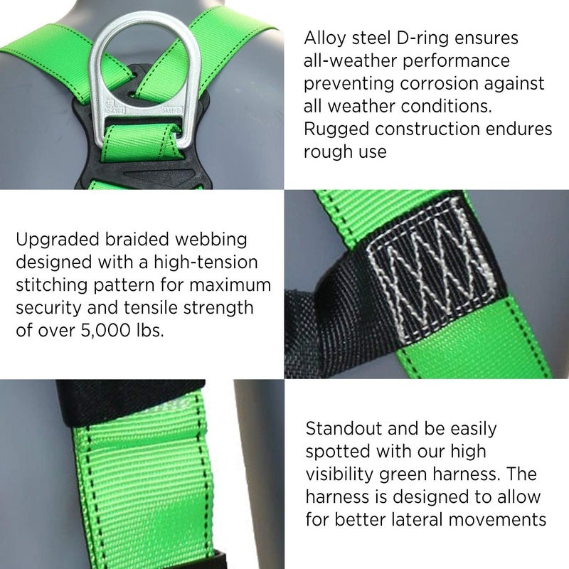 afp Universal Full-Body Safety Harness w/Dorsal D-Ring Tongue Buckle Legs High-Viz Green, Shock Absorbing Lanyard (OSHA/ANSI) - Image 4