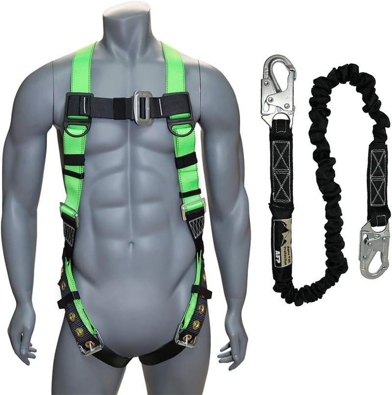 afp Universal Full-Body Safety Harness w/Dorsal D-Ring Tongue Buckle Legs High-Viz Green, Shock Absorbing Lanyard (OSHA/ANSI) - Image 1
