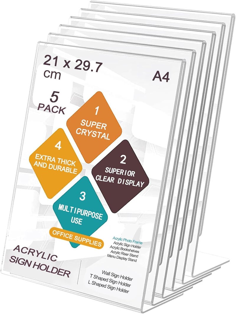 ROSSHINE A4 Acrylic Sign Holder, 5pack L-Shape A4 Perspex Display Stand, Clear Poster Menu Holders for Office School Shop Restaurant - Image 1