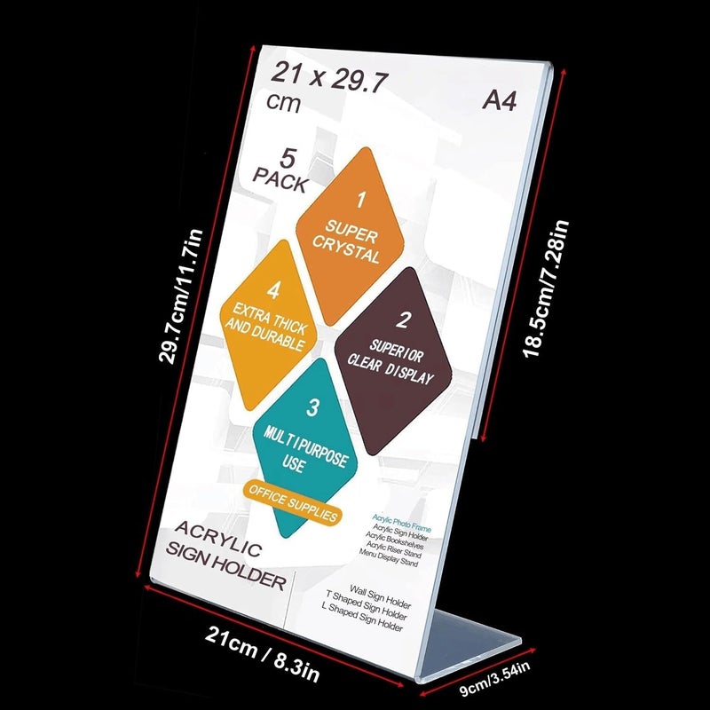 ROSSHINE A4 Acrylic Sign Holder, 5pack L-Shape A4 Perspex Display Stand, Clear Poster Menu Holders for Office School Shop Restaurant - Image 2