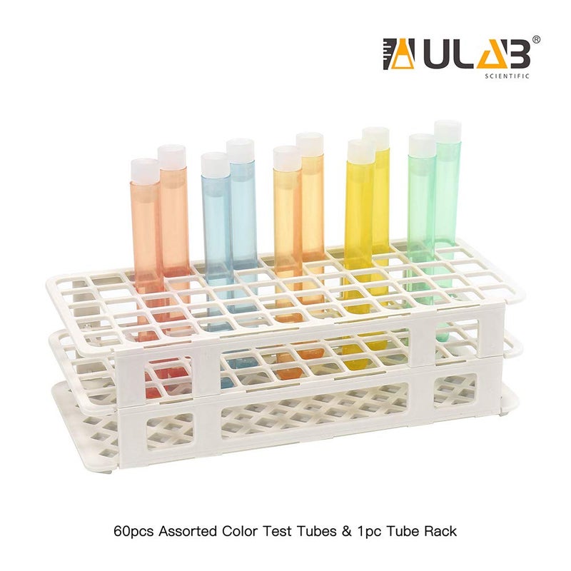 ULAB Scientific White Tube Rack and Plastic Test Tubes Set, Include 1pc of White Tube Rack and 60pcs of Plastic Macaroon Party Tubes Shot Glasses, 16x125mm,Assorted Color, UTR1016 - Image 2