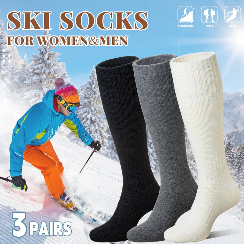 Eocom Unisex Merino Wool Ski Socks Thermal Warm Winter Thick Knee High Long Snowboarding Boot Socks for Women Men 3 Pairs(Black/White/Grey, Medium) - Image 2
