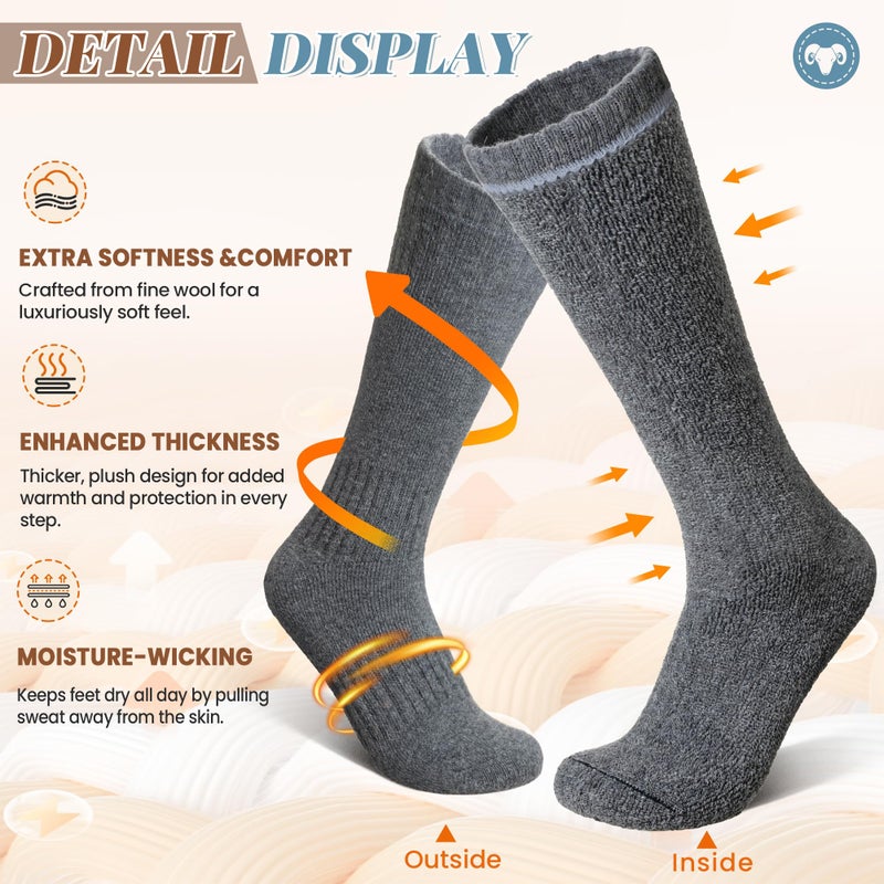 Eocom Unisex Merino Wool Ski Socks Thermal Warm Winter Thick Knee High Long Snowboarding Boot Socks for Women Men 3 Pairs(Black/White/Grey, Medium) - Image 3