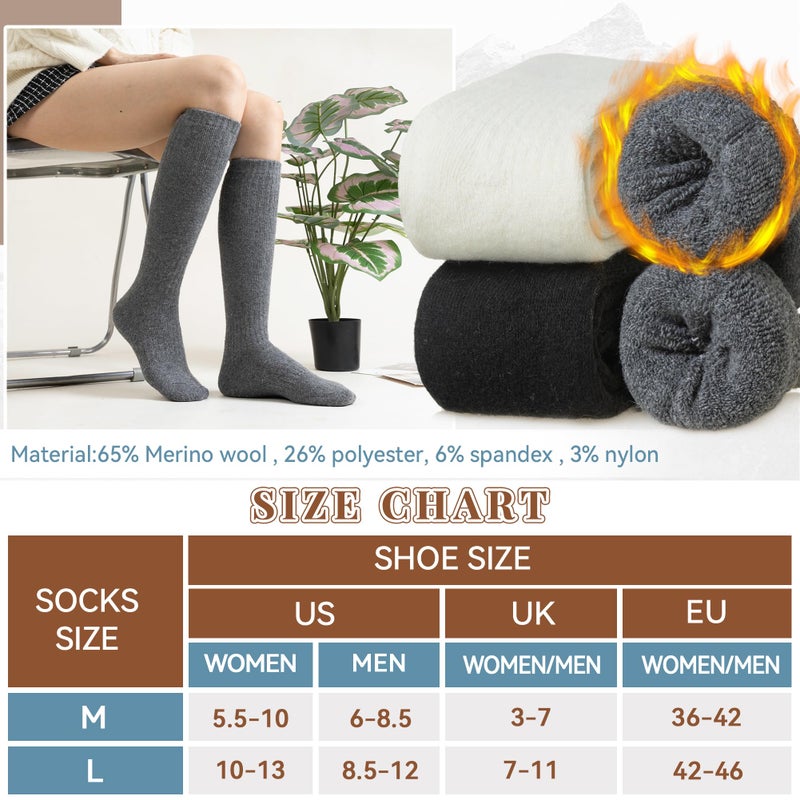 Eocom Unisex Merino Wool Ski Socks Thermal Warm Winter Thick Knee High Long Snowboarding Boot Socks for Women Men 3 Pairs(Black/White/Grey, Medium) - Image 5