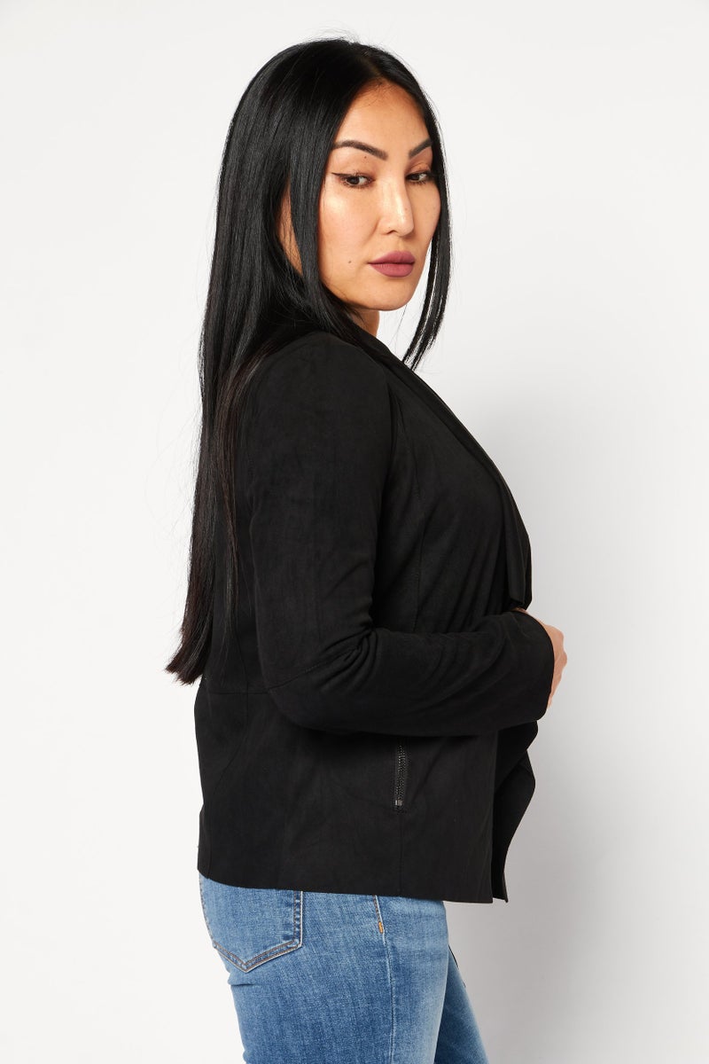 Bagatelle Women Split Neck Long Sleeve Solid Suede Cardigan, Black - Image 3