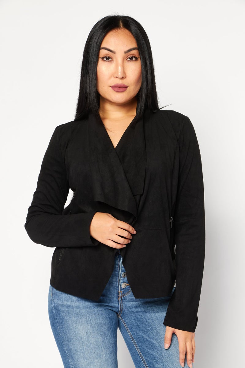 Bagatelle Women Split Neck Long Sleeve Solid Suede Cardigan, Black - Image 1