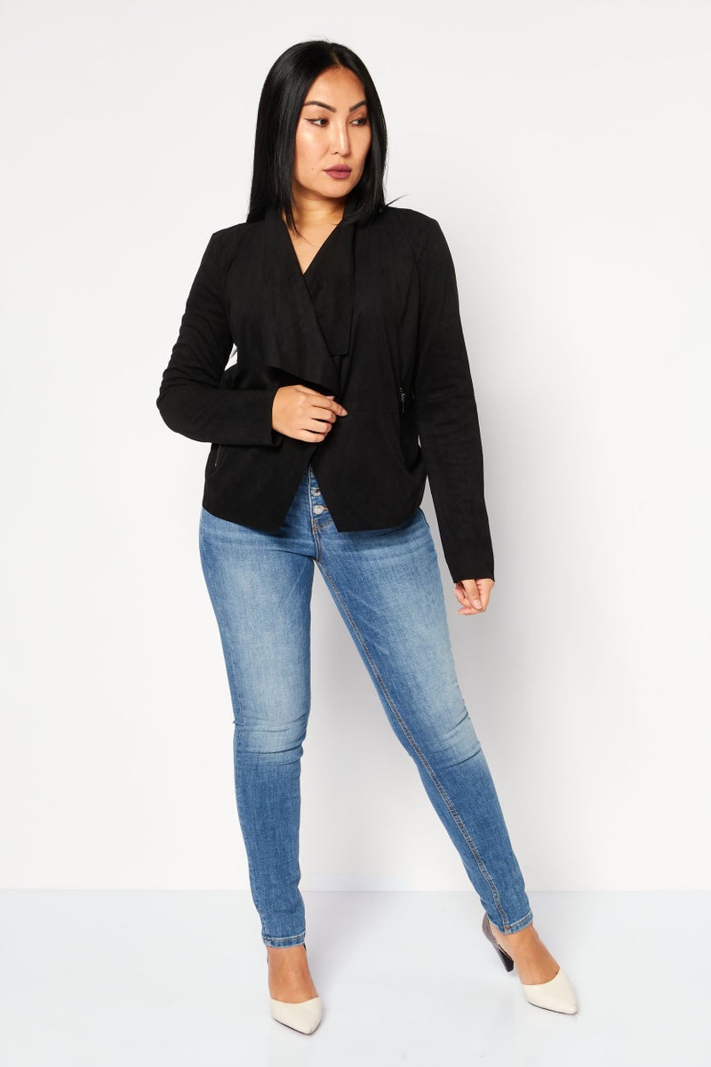 Bagatelle Women Split Neck Long Sleeve Solid Suede Cardigan, Black - Image 2