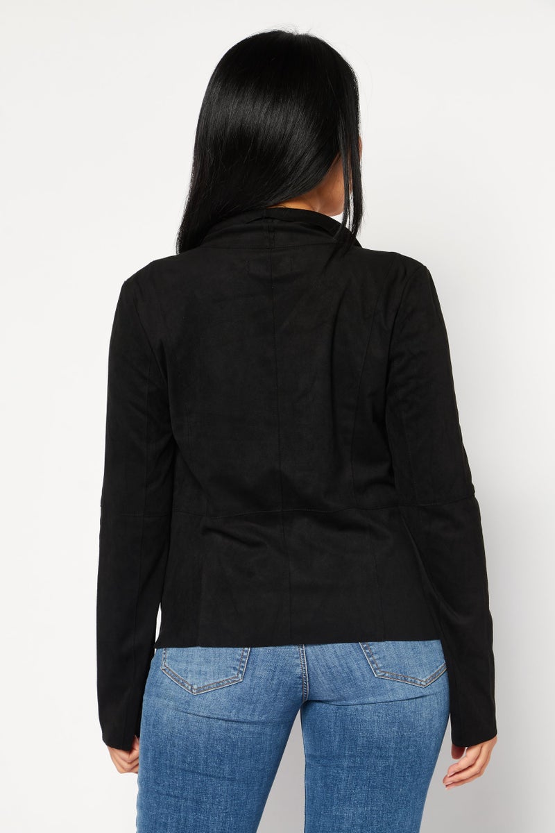 Bagatelle Women Split Neck Long Sleeve Solid Suede Cardigan, Black - Image 4