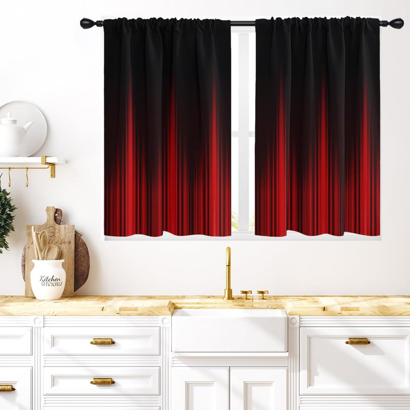 Coxila Red and Black Kitchen Window Curtains 27.5 x 39 Inch Small Short Mini Cafe Rod Pocket Ombre Gothic Goth Dark Anime Cool Living Bedroom Room Home Treatment Set of 2 Curtain Panels Drapes Tiers - Image 1