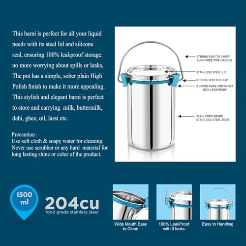 PDDFALCON Stainless Steel Akhand - Jointless Milk Can/Oil Can/Milk Barni/Oil Pot with Lid,100% LeakProof BIS Certified, Jindal Seal & Made In India Sea Green (Barni 1500ml, Sea Green) - Image 3