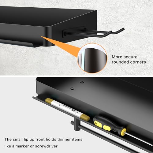 SUNTECH Garage Paper Towel Holder with Shelf, One Hand Tear, 12 inch Shop Paper Towel Holder, Paper Towel Holder Wall Mount with 2 Detachable Hooks for Garage and Tool Room (Black) - Image 2