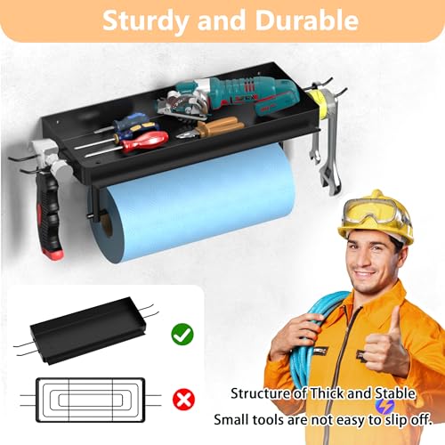 SUNTECH Garage Paper Towel Holder with Shelf, One Hand Tear, 12 inch Shop Paper Towel Holder, Paper Towel Holder Wall Mount with 2 Detachable Hooks for Garage and Tool Room (Black) - Image 5