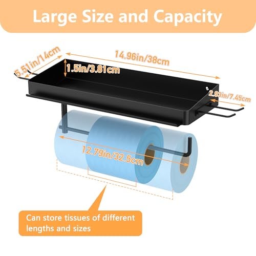 SUNTECH Garage Paper Towel Holder with Shelf, One Hand Tear, 12 inch Shop Paper Towel Holder, Paper Towel Holder Wall Mount with 2 Detachable Hooks for Garage and Tool Room (Black) - Image 4