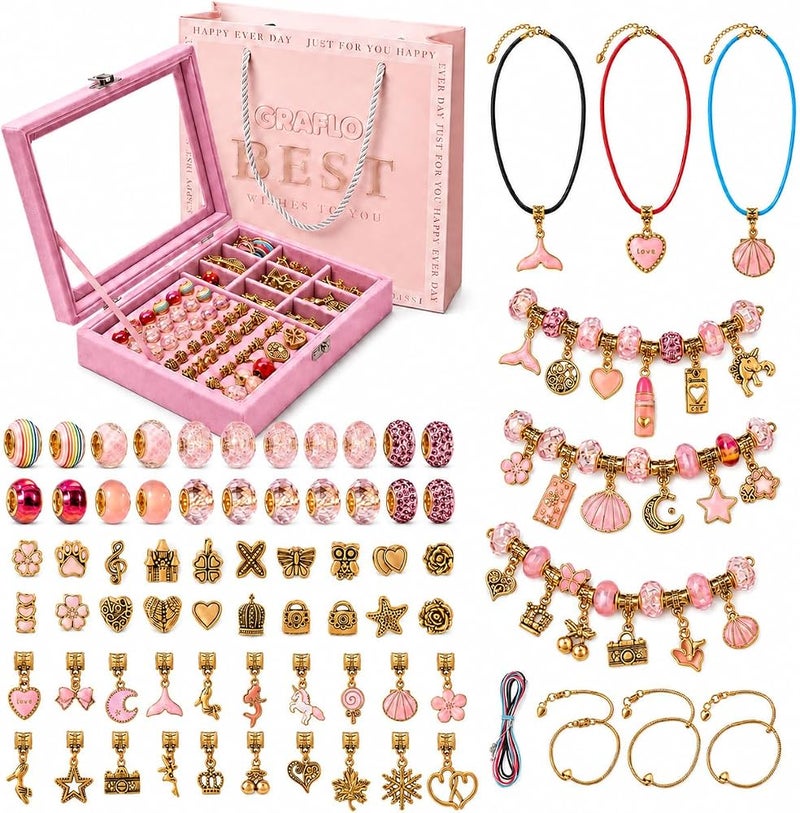 GRAFLO Bracelet Making Kit for Girls, Charm Bracelets Kit with 66pcs Beads with Jewelry Box, Elegant Clay Set for DIY Craft, Gift for Adolescent & Kids, for 6-12 Years Old (Gold & Pink) - Image 1