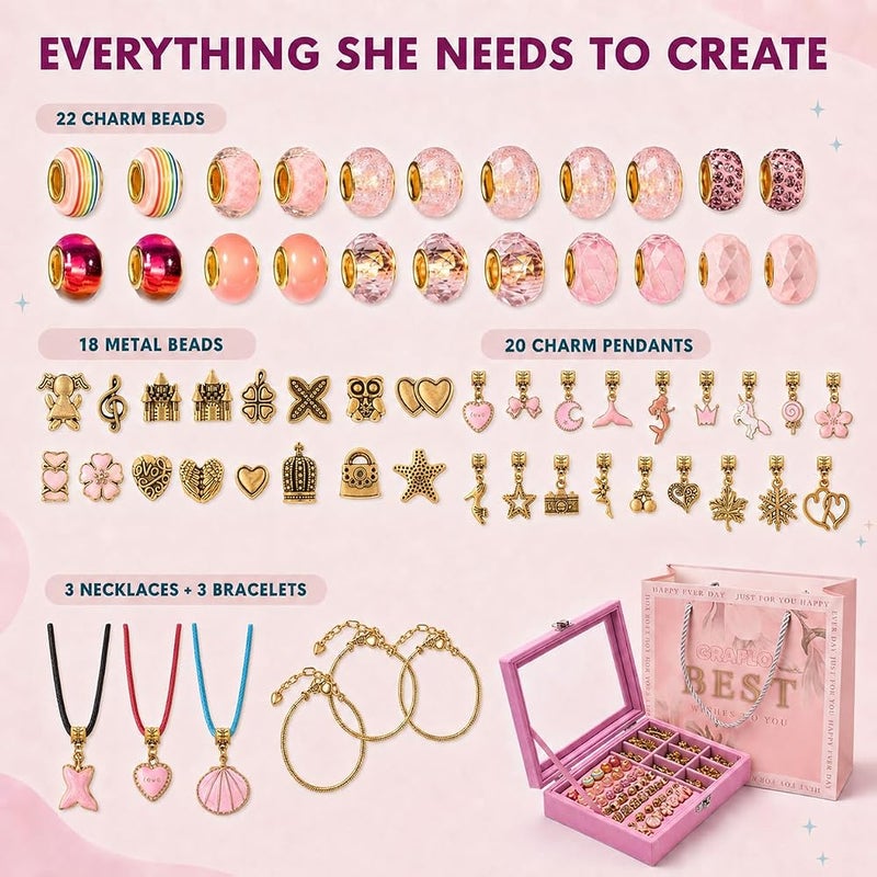 GRAFLO Bracelet Making Kit for Girls, Charm Bracelets Kit with 66pcs Beads with Jewelry Box, Elegant Clay Set for DIY Craft, Gift for Adolescent & Kids, for 6-12 Years Old (Gold & Pink) - Image 3
