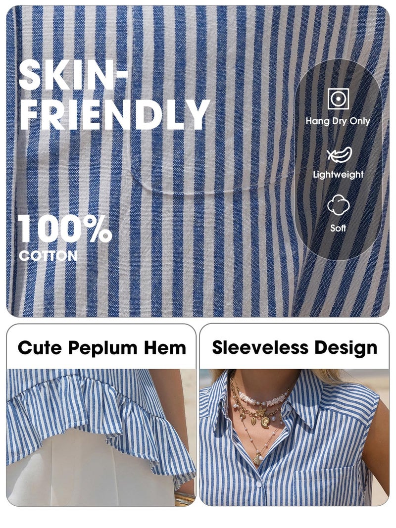 EXLURA Women Summer Tops 100% Cotton Faux Linen Sleeveless Button Shirts Cropped Peplum Tops Casual Striped Babydoll Blouses - Image 4
