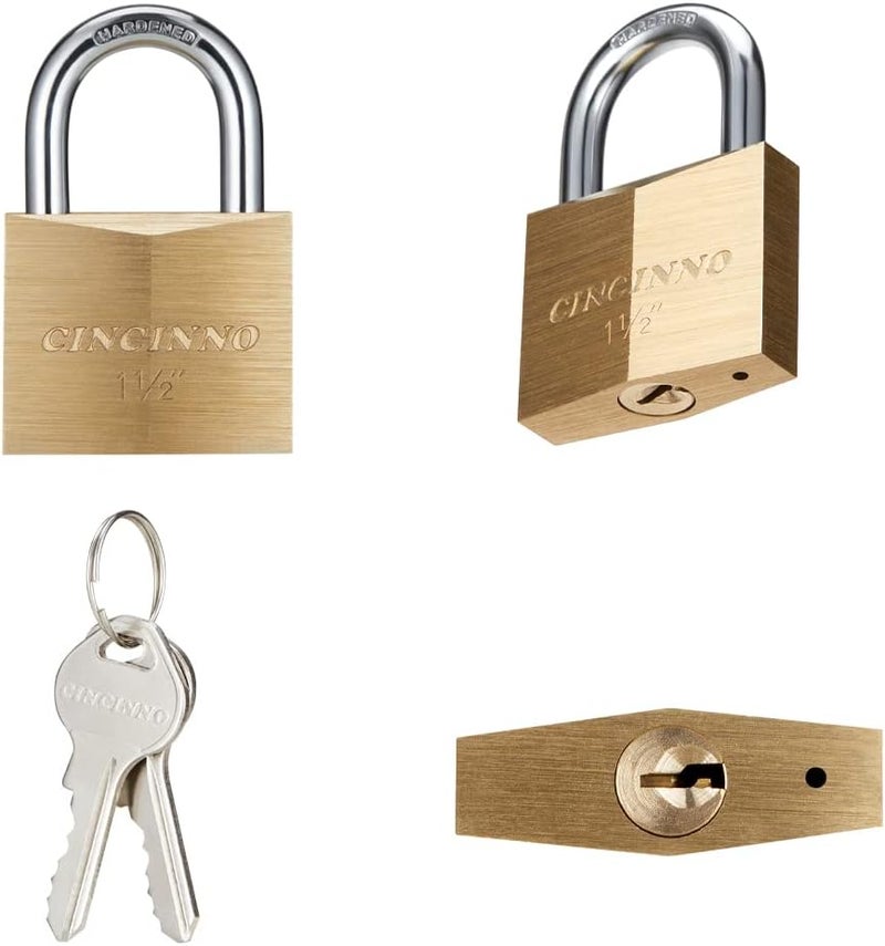 CINCINNO Solid Brass Padlock with Key, Key Lock with 1-9/16" Wide Body, 2 Pack Keyed Alike Locker Lock with Key - Image 2