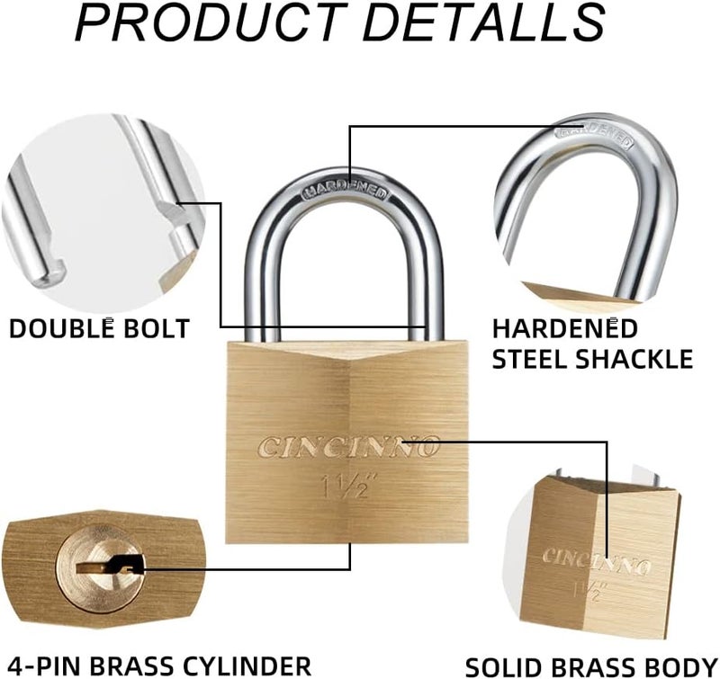 CINCINNO Solid Brass Padlock with Key, Key Lock with 1-9/16" Wide Body, 2 Pack Keyed Alike Locker Lock with Key - Image 4
