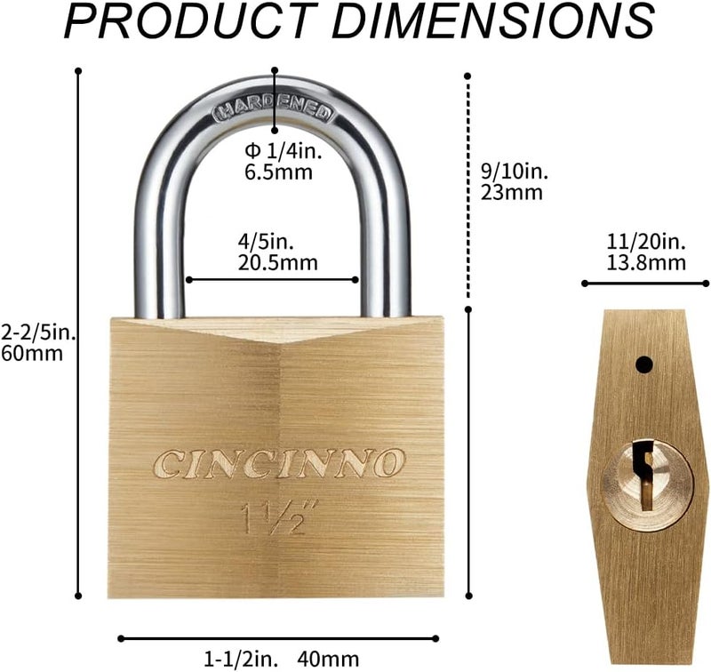 CINCINNO Solid Brass Padlock with Key, Key Lock with 1-9/16" Wide Body, 2 Pack Keyed Alike Locker Lock with Key - Image 3