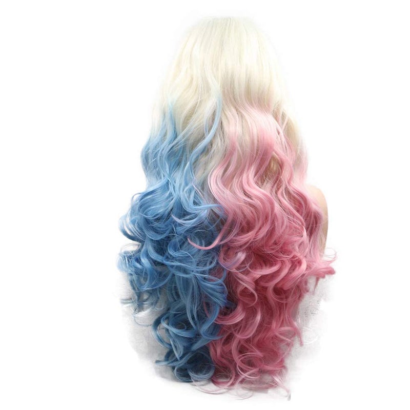 sylvia Ombre Platinum Blonde to Blue Pink Lace Front Wig Rainbow Colorful Synthetic Wigs 24 Inch Body Wave Half Hand Tied Wig Middle Part 180 Density Heat Resistant Hair Replacement for Woman