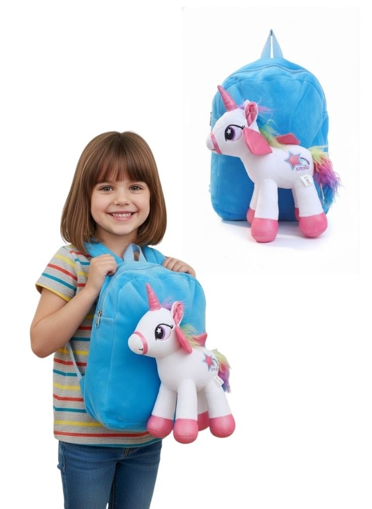 بريميم حقيبة ظهر يونيكورن قطيفة للبنات - حقيبة مدرسية ناعمة على شكل دمية يونيكورن بألوان قوس قزح مع تصميم ثلاثي الأبعاد لطيف، حقيبة ظهر خفيفة الوزن للأطفال لمرحلة ما قبل المدرسة والسفر - Image 1