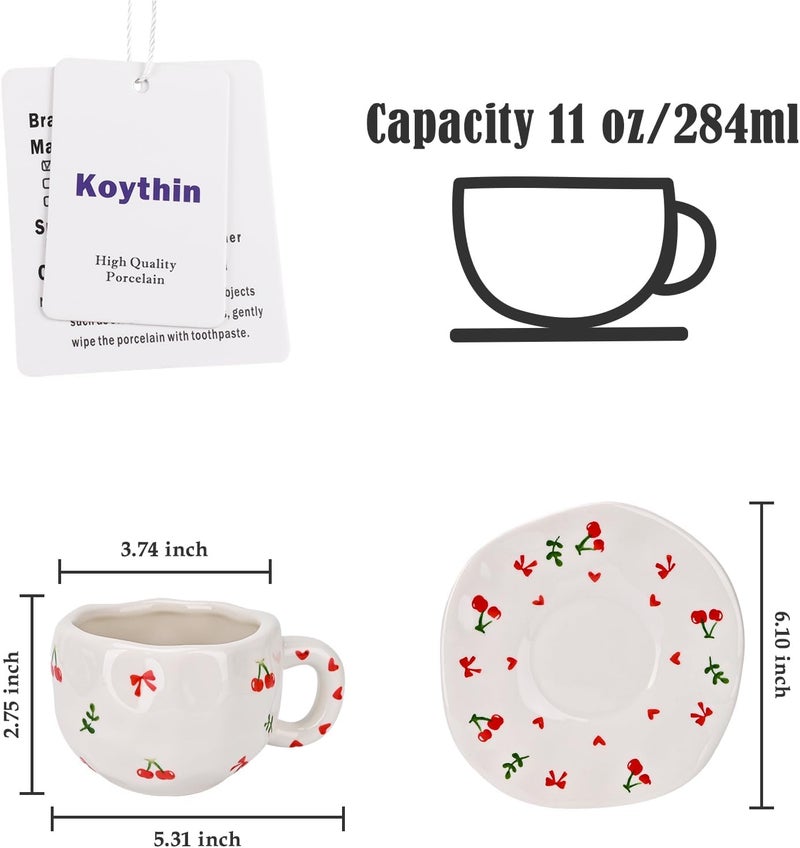 Koythin Ceramic Coffee Mug with Saucer Set, Cute Creative Cherry Bow Cup Unique Irregular Design for Office and Home, 10 oz/300 ml for Latte Tea Milk - Image 2