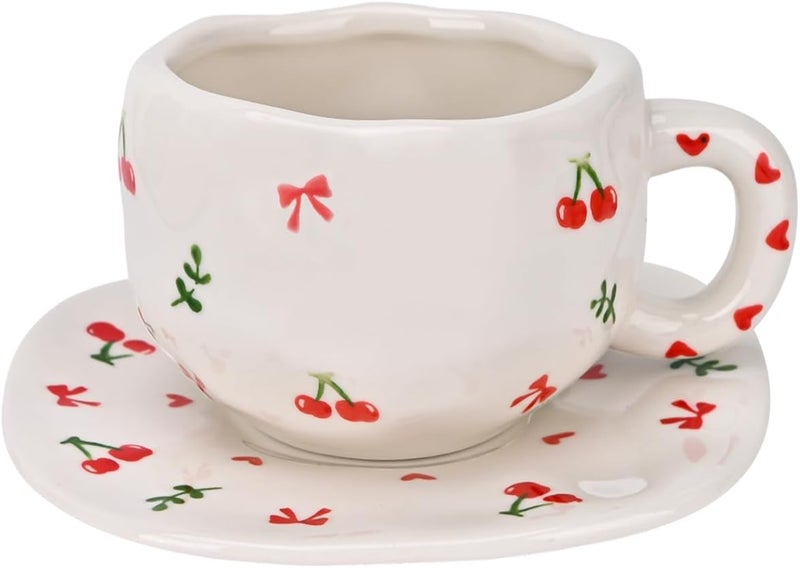 Koythin Ceramic Coffee Mug with Saucer Set, Cute Creative Cherry Bow Cup Unique Irregular Design for Office and Home, 10 oz/300 ml for Latte Tea Milk - Image 1