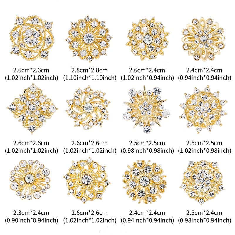 MEEDOZ Lot 24Pcs Assorted Crystal Rhinestone Flower Brooch Pins Set for Crafts Embellishment, Wedding Bouquet Brooches for Women Fashion (Gold Plated) - Image 2