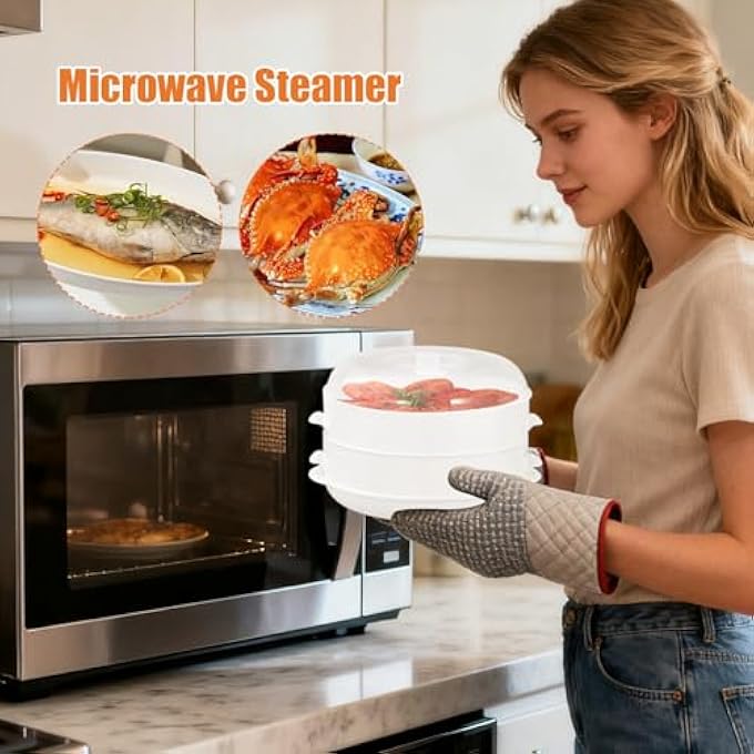 طباخ بخاري للميكروويف، وعاء متعدد الوظائف قابل للتكديس مع غطاء، طباخ خضراوات وأسماك لوجبات الغداء، إعادة تسخين الخضار في المطبخ، الطعام، الطبخ المنزلي، تحضير الطعام - Image 3