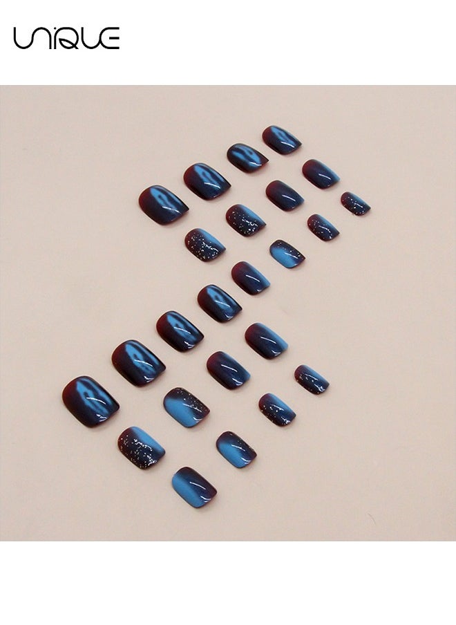 Unique 24 Pcs Fake Nails, Press Nails, French Fake Nails - Galaxy Blue Glitter Manicure - Fake Nail Patch  - Image 3