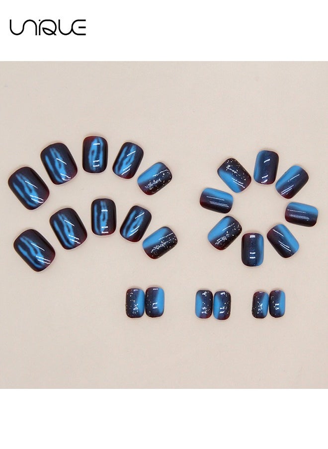 Unique 24 Pcs Fake Nails, Press Nails, French Fake Nails - Galaxy Blue Glitter Manicure - Fake Nail Patch  - Image 4