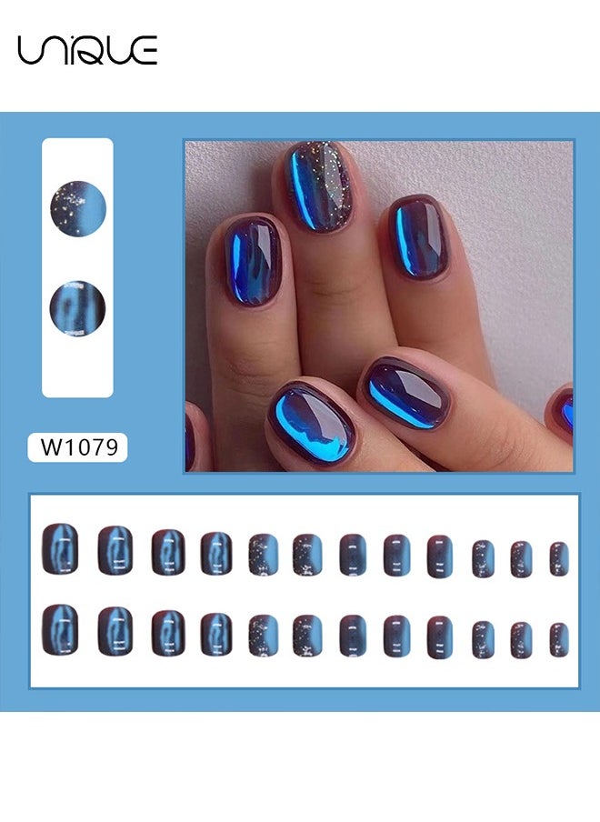 Unique 24 Pcs Fake Nails, Press Nails, French Fake Nails - Galaxy Blue Glitter Manicure - Fake Nail Patch  - Image 2