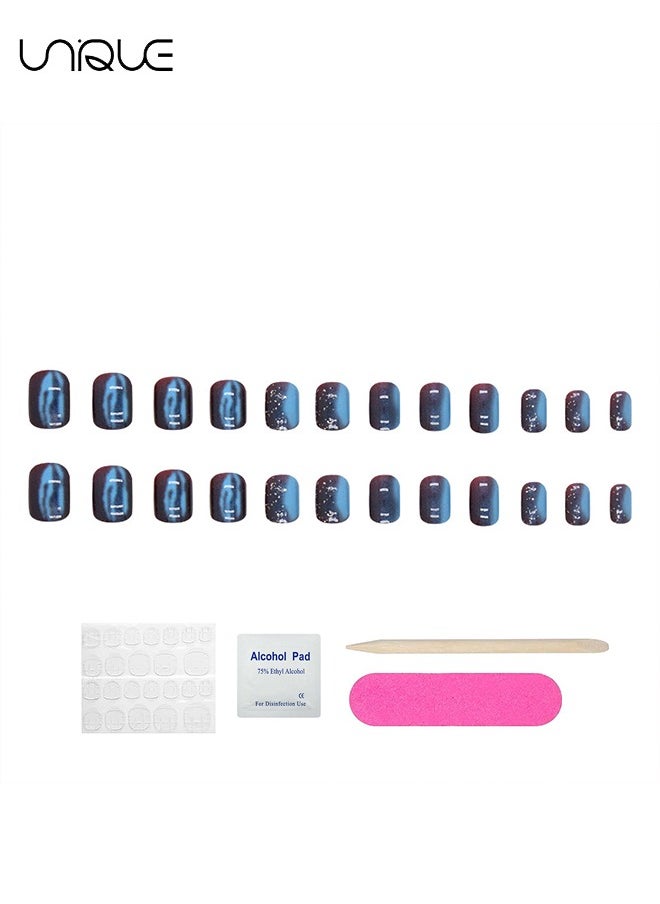 Unique 24 Pcs Fake Nails, Press Nails, French Fake Nails - Galaxy Blue Glitter Manicure - Fake Nail Patch  - Image 5