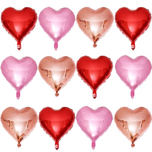 Lovoir 12 Pcs Red Heart Shape Foil Mylar Balloons 18 Inch Love Balloons for Valentines Day Birthday Party Decorations Wedding Engagement Romantic Decor Red Pearl Pink Rose Gold - Image 1