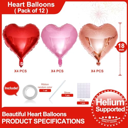 Lovoir 12 Pcs Red Heart Shape Foil Mylar Balloons 18 Inch Love Balloons for Valentines Day Birthday Party Decorations Wedding Engagement Romantic Decor Red Pearl Pink Rose Gold - Image 5