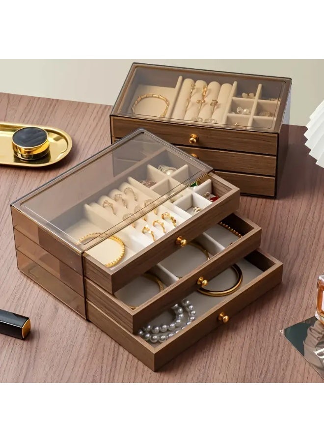 3-Tier Maillard Jewelry Box, Walnut Wood Grain Light Luxury Texture, Large Capacity Jewelry Organizer for Rings Necklaces Earrings, Desk Drawer Style Dustproof Moisture-Proof - Image 5