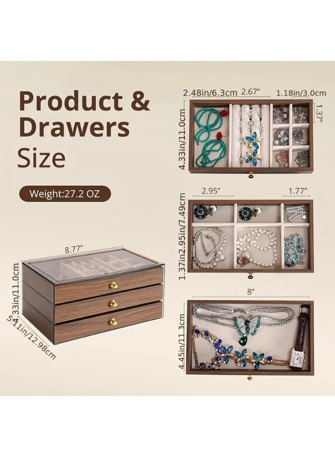 3-Tier Maillard Jewelry Box, Walnut Wood Grain Light Luxury Texture, Large Capacity Jewelry Organizer for Rings Necklaces Earrings, Desk Drawer Style Dustproof Moisture-Proof - Image 4
