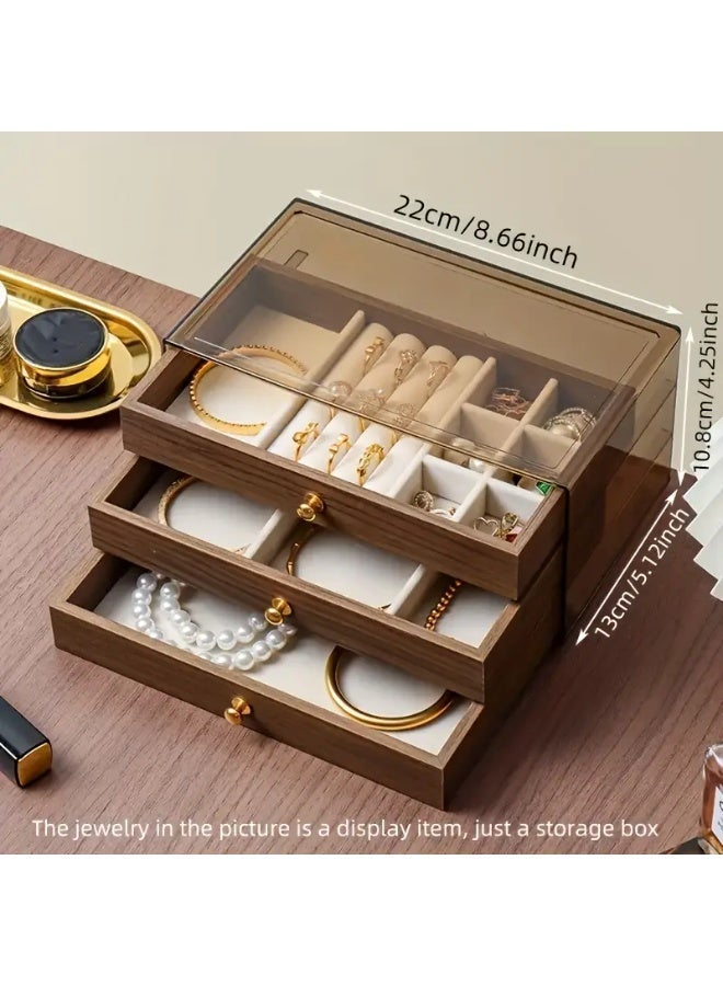 3-Tier Maillard Jewelry Box, Walnut Wood Grain Light Luxury Texture, Large Capacity Jewelry Organizer for Rings Necklaces Earrings, Desk Drawer Style Dustproof Moisture-Proof - Image 3