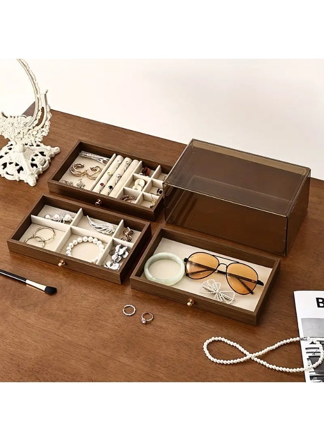 3-Tier Maillard Jewelry Box, Walnut Wood Grain Light Luxury Texture, Large Capacity Jewelry Organizer for Rings Necklaces Earrings, Desk Drawer Style Dustproof Moisture-Proof - Image 1