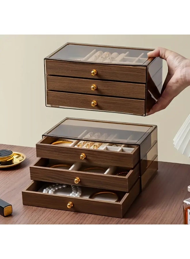 3-Tier Maillard Jewelry Box, Walnut Wood Grain Light Luxury Texture, Large Capacity Jewelry Organizer for Rings Necklaces Earrings, Desk Drawer Style Dustproof Moisture-Proof - Image 2