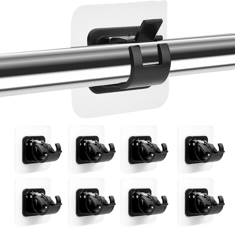 Sociaooil 8PCS No Drill Curtain Rod Brackets No Drilling Self Adhesive Curtain Rod Holder Hooks Nail Free Adjustable Curtain Rod Hooks Curtain Hangers for Bathroom Kitchen Home Bathroom and Hotel (Black) - Image 1